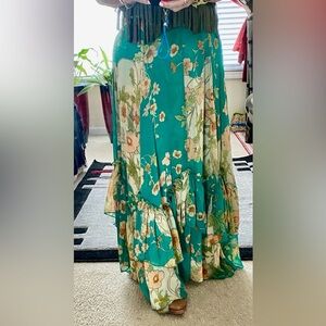 Teal Floral Maxi Skirt - Women's Tiered Boho Skirt